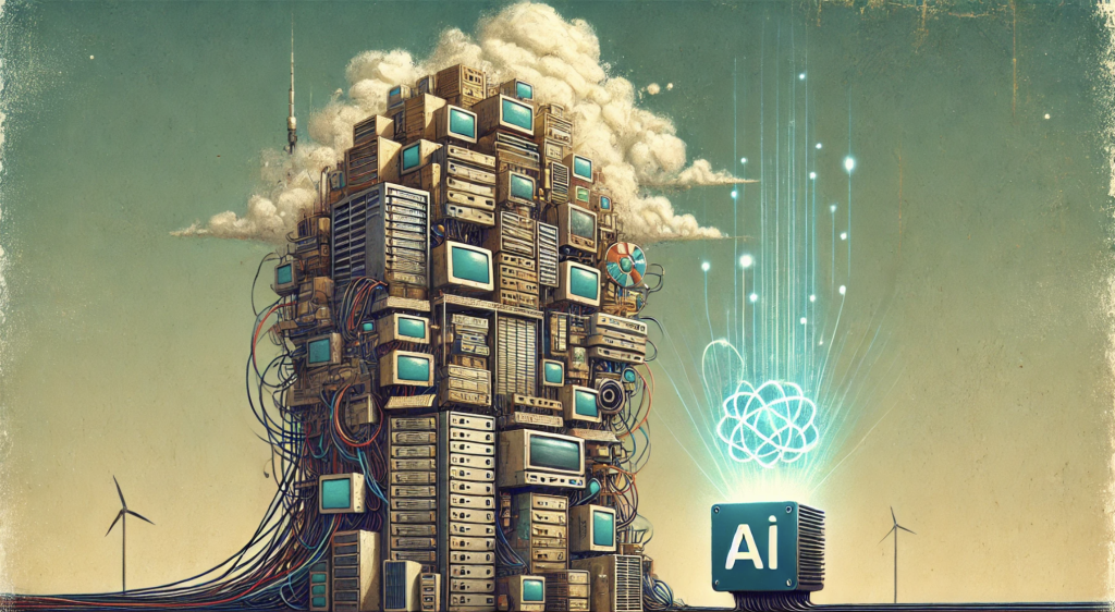 Abstract digital illustration contrasting two sides: the left shows a tall, cluttered stack of outdated software boxes and tangled cables in dull gold and rust gray, symbolizing bloated SaaS infrastructure; the right features a compact, radiant AI engine emitting clean, flowing data in bright teal and chrome white.